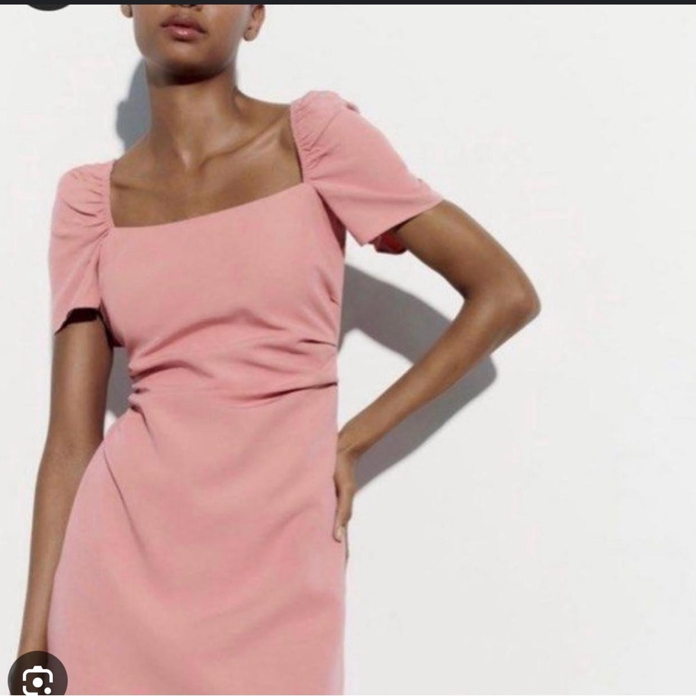 Zara Pink Sheath Dress with Ruched Puff Sleeves